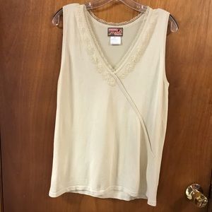April Cornell V-Neck cream knit top w/bead trim L